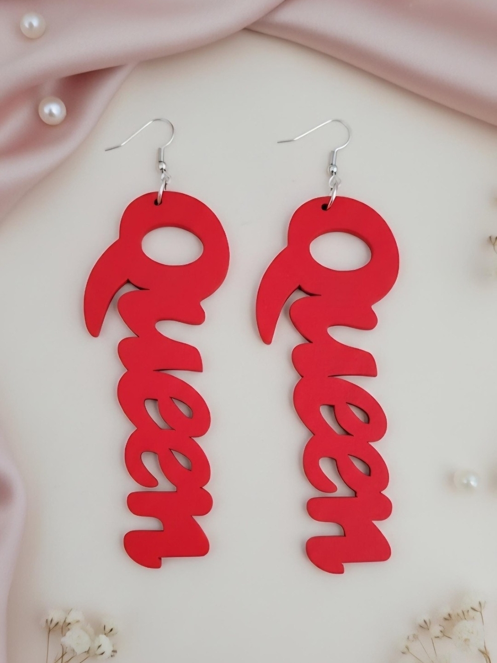 Red 'Queen' Script Drop Earrings for Women